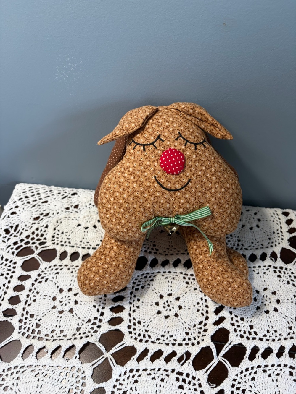 Handmade Brown Reindeer Plush with Red Polka-Dot Nose and Green Bow